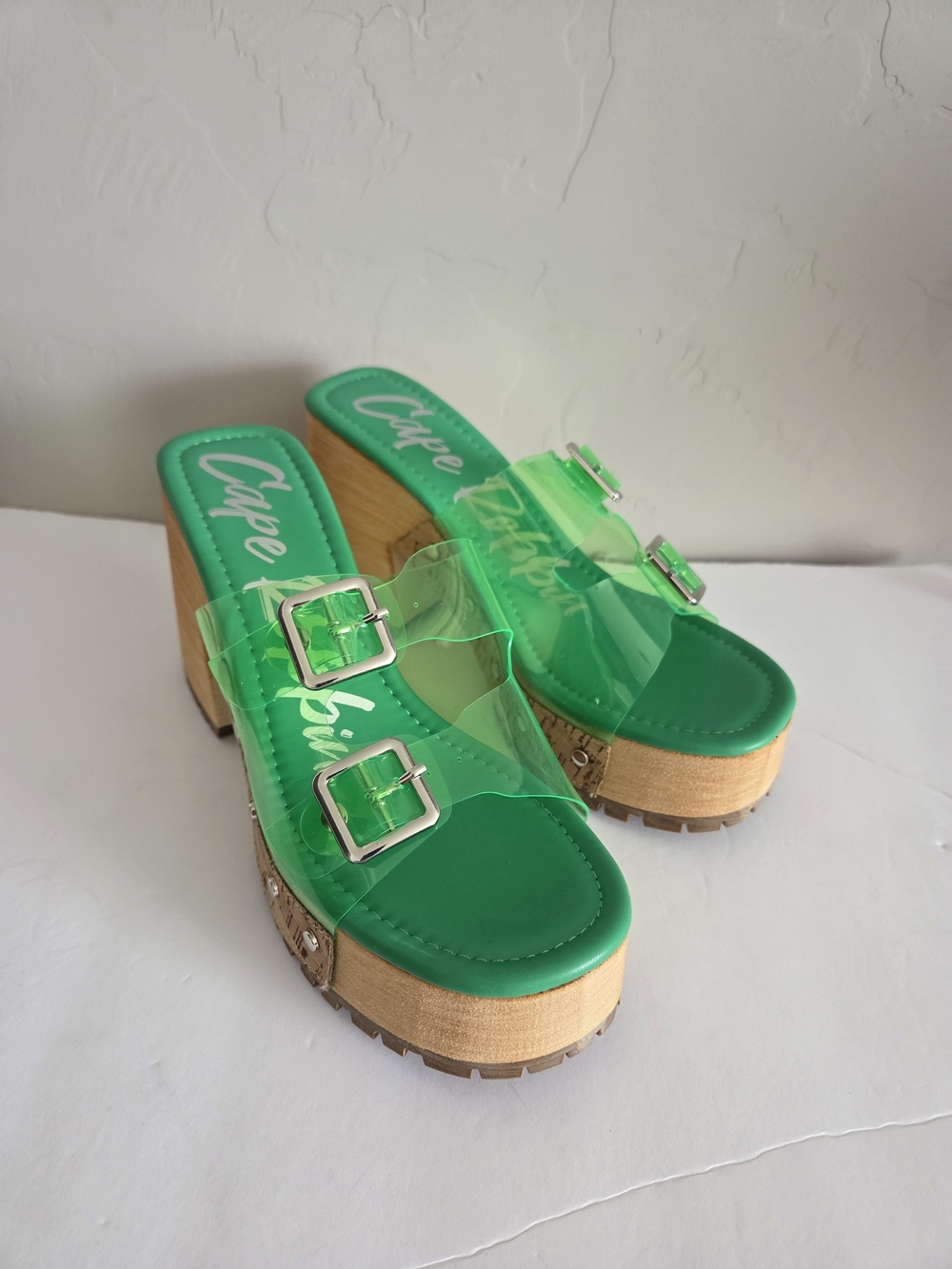 Cape Robbin Green Clear Double Buckle Platform Mule Sandals 7 - Picture 4 of 9